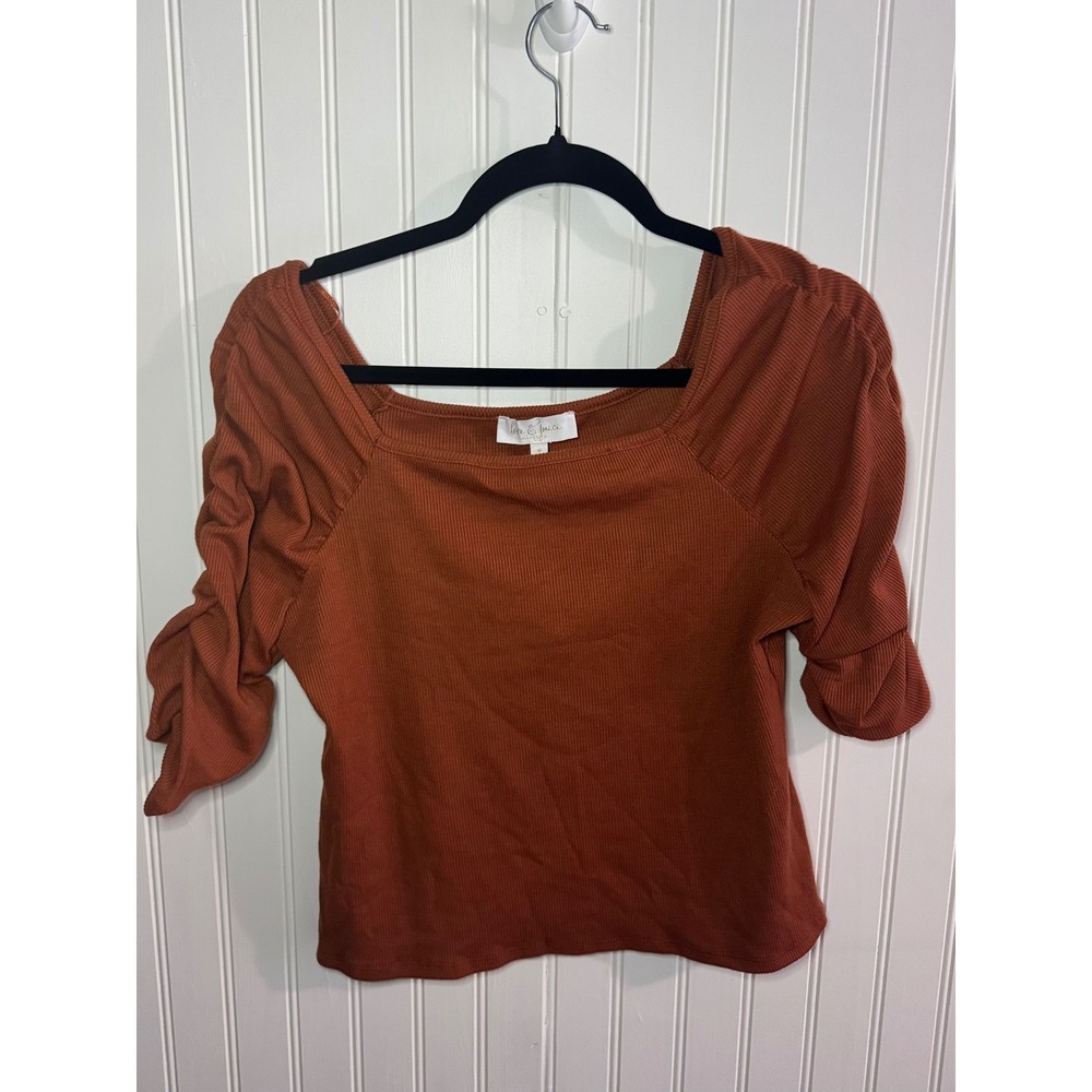 Love & Piece Collective Rust Ribbed Square Neck Puff Ruched Sleeve Top Medium